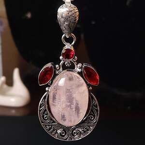Rose Quartz Garnet Pendant Necklace Silver Stamped 925 Scrollwork 20 Inch